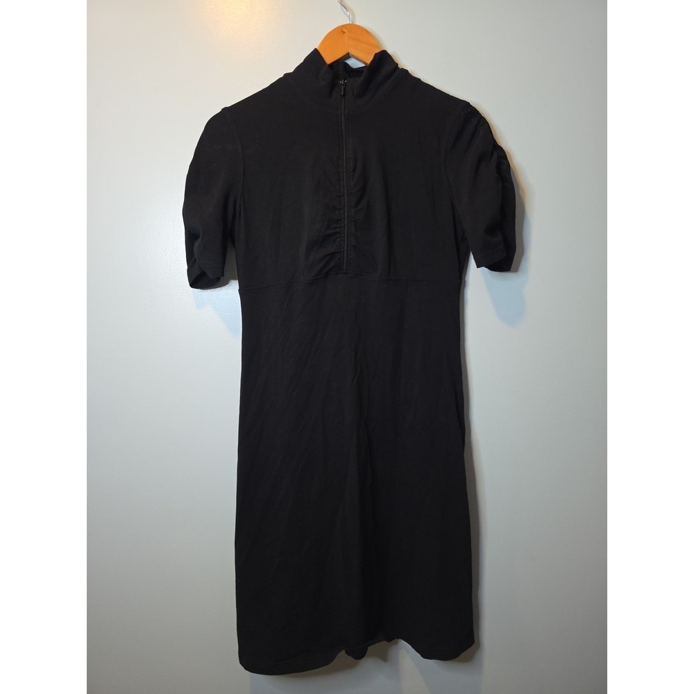 Athleta Shirt Delight Black Shirt Dress Shift 1/4 Zip Ruched Short Sleeve Small